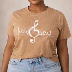 Music Heartbeat Treble Clef Tee Womens XL Tan Musiccore Casual Top